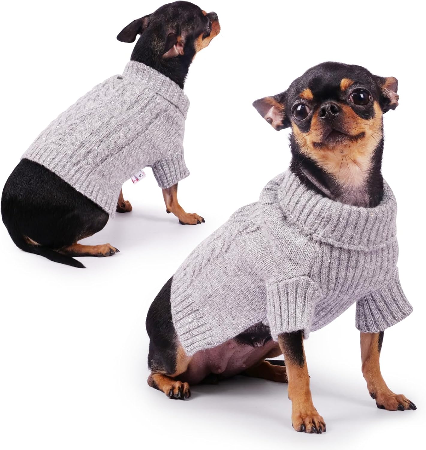 Frienperro Suéter para perro para perros pequeños, suéter de punto trenzado con lentejuelas, suéter cálido de invierno de cuello alto, traje de