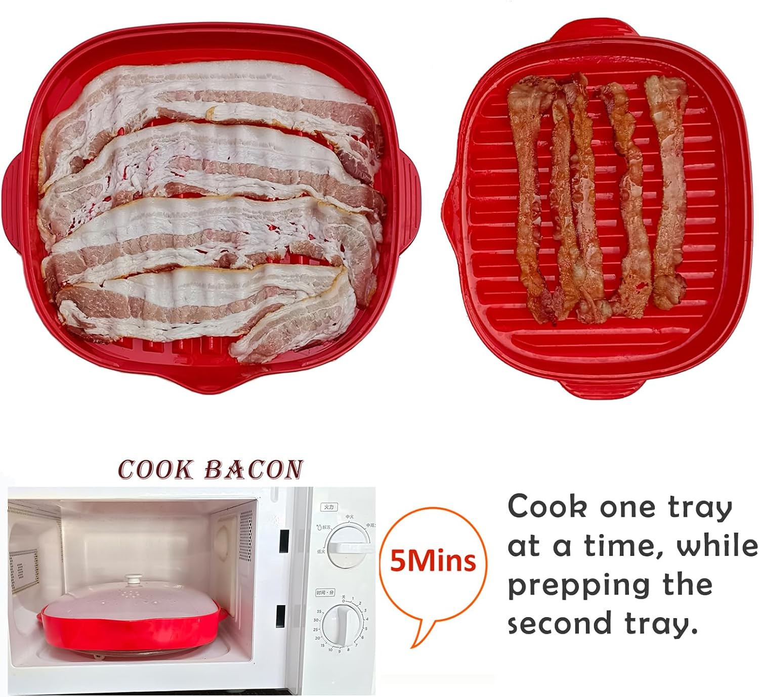 Máquina de tocino fácil para microondas, 2 bandejas para parrilla de tocino, olla de tocino con tapa para salpicar, haz tocino crujiente en minutos