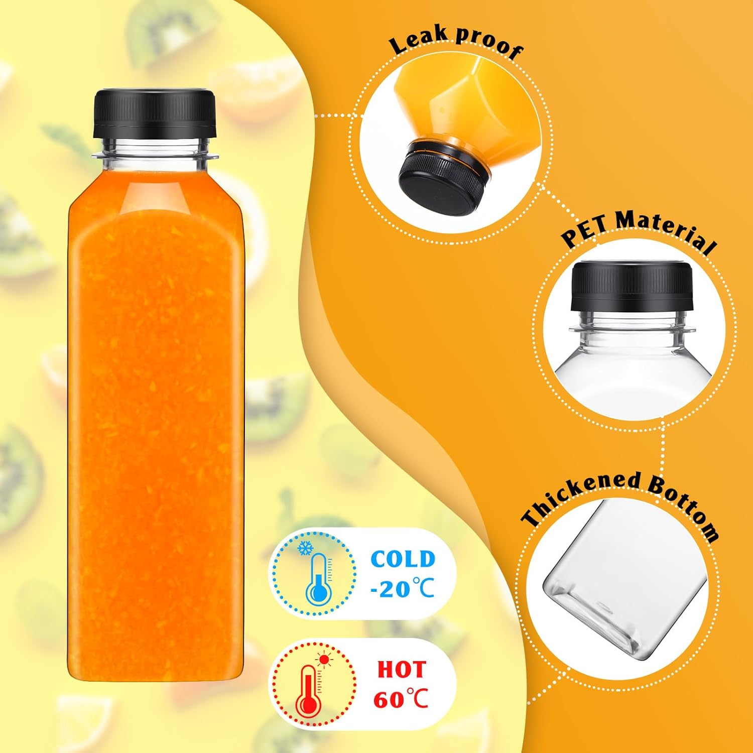 Zhehao 300 botellas vacías de plástico para jugos de 16 onzas con tapas a prueba de manipulaciones, recipientes cuadrados transparentes para