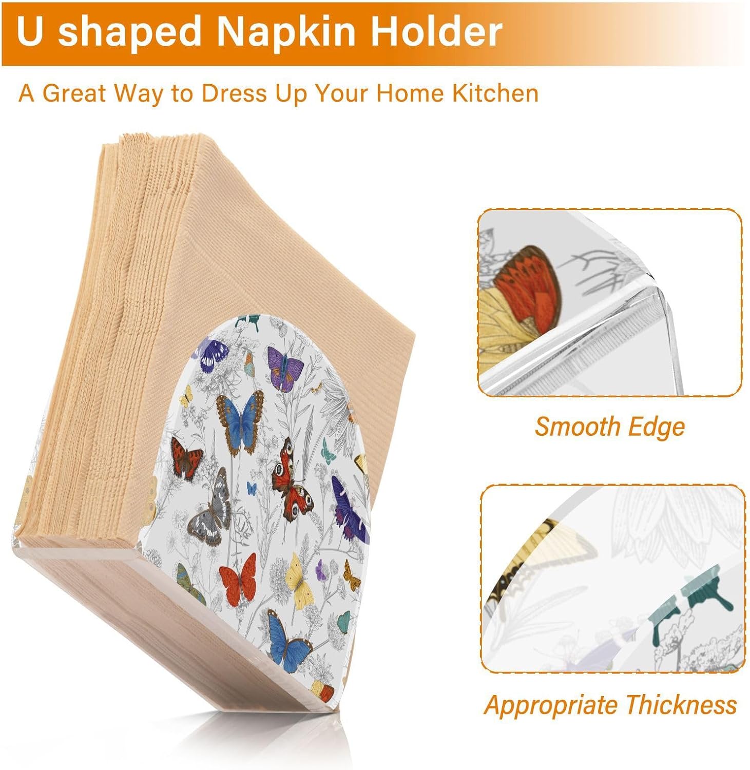 Napkin Holder Butterflies Wild Flowers Napkin Holders for Tables, Clear Acrylic Napkin Holders Cocktail Napkin Holder for Kitchen Restaurant Bar
