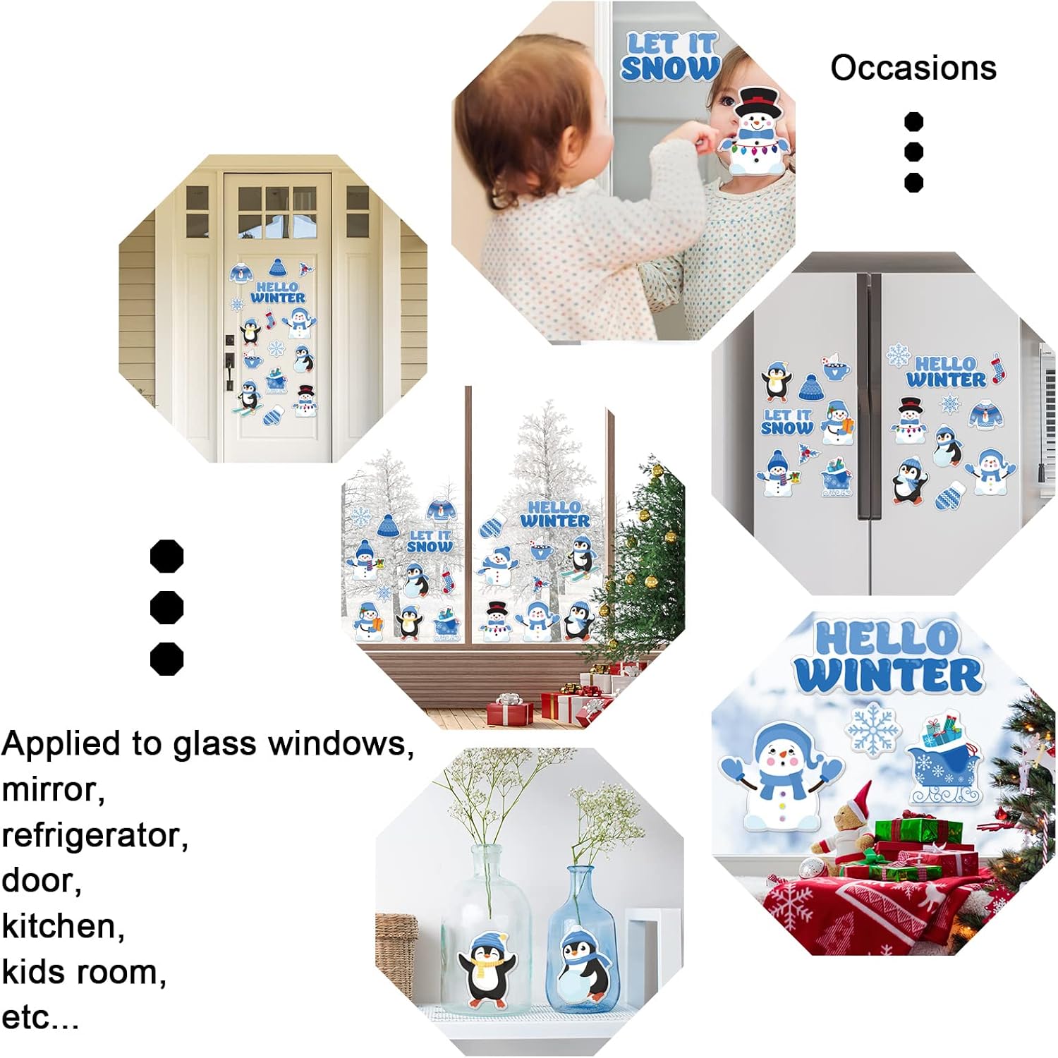 Whaline 2 hojas de calcomanías de gel gruesas de invierno, muñeco de nieve, pingüino, copo de nieve, ventana, reutilizables, lindos hola invierno,