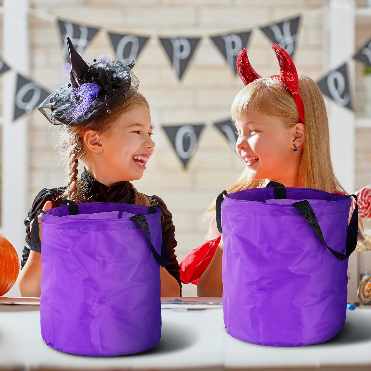 Shappy 2 bolsas de dulces de Halloween con luz LED, bolsas de fiesta de Halloween, multiusos, reutilizables, bolsas de cubo de Halloween, bolsas