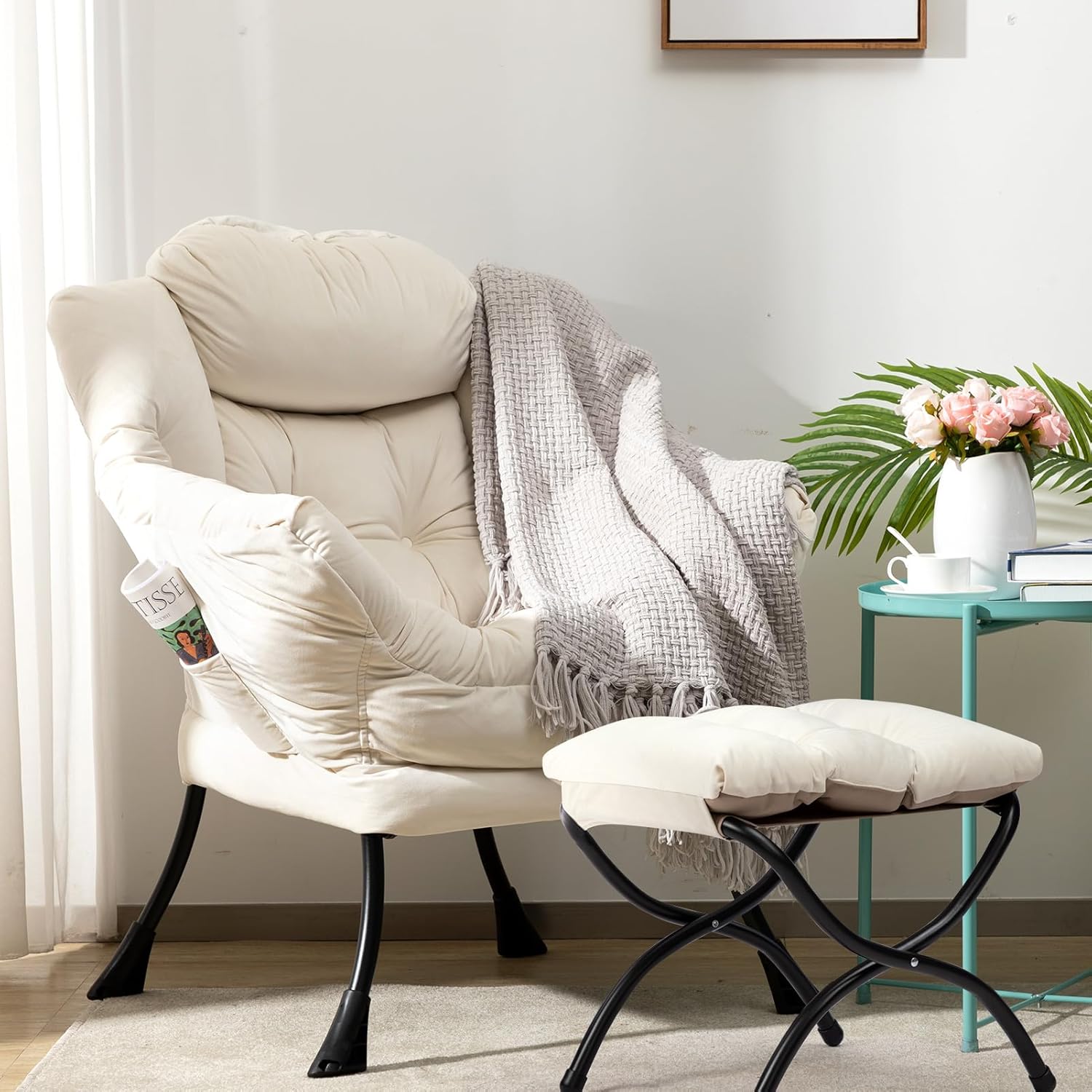 AcozyHom Moderno juego de silla perezosa de tela y reposapiés plegable, sillón contemporáneo y otomano portátil, sofá de ocio con marco de acero y