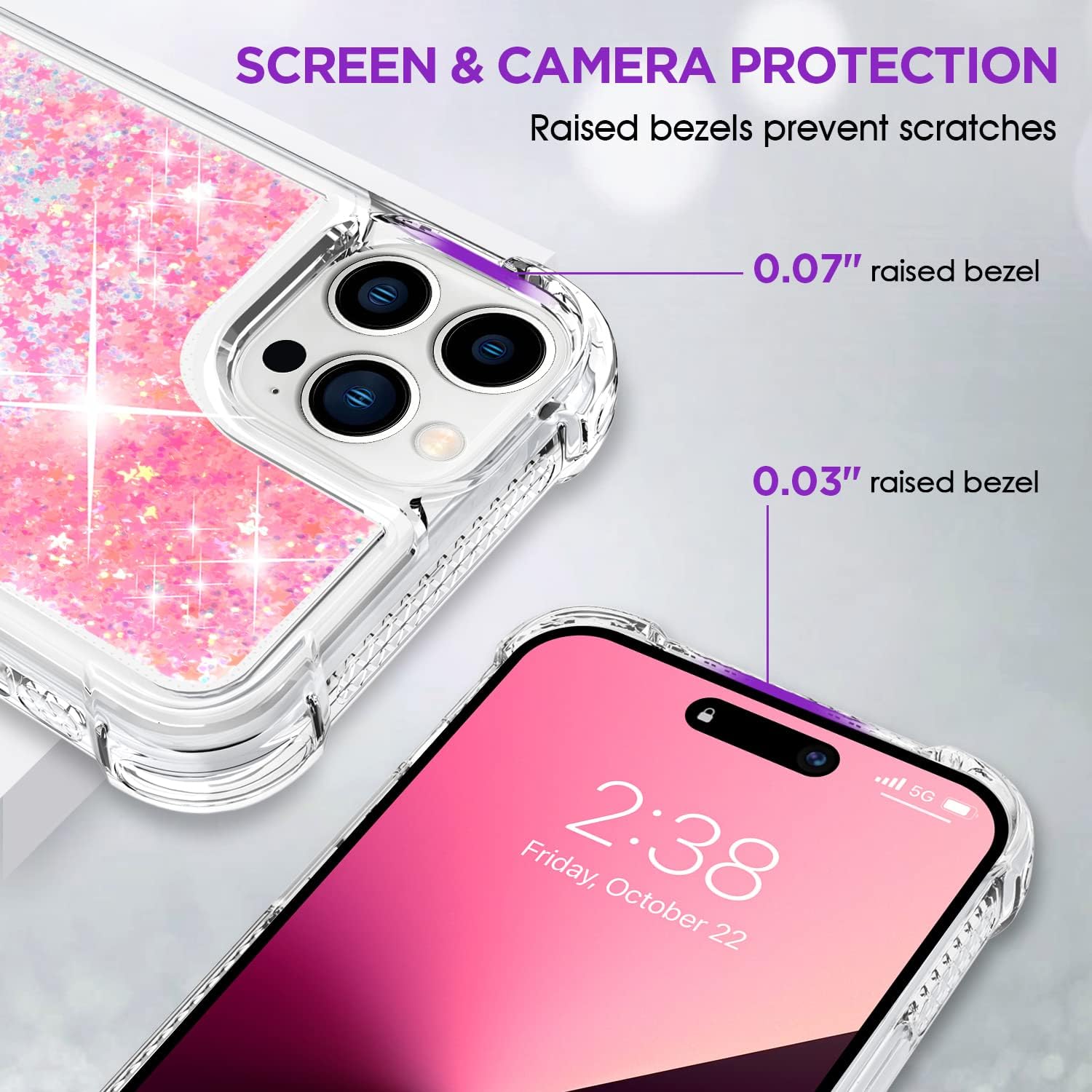 ANSHOW Funda para iPhone 13 Pro Max con purpurina, TPU transparente a prueba de golpes con 2 protectores de pantalla, purpurina rosa claro brillante