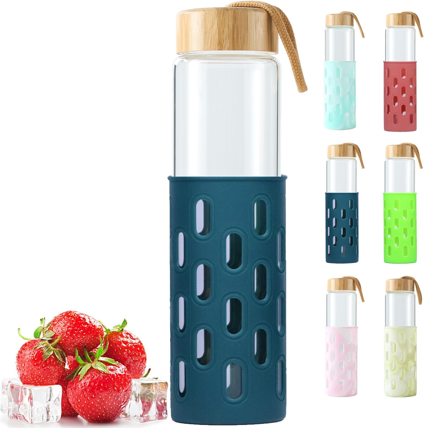 Botellas de agua de vidrio de 32 onzas de borosilicato natural de boca ancha reutilizable con funda de silicona, lindas botellas de agua para