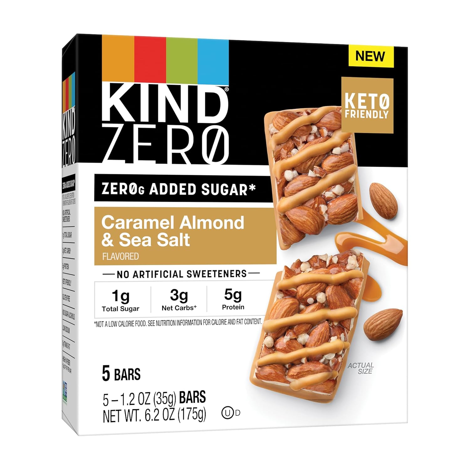 KIND Barras de azúcar cero añadido, aperitivos amigables con Keto, sabor a almendra de caramelo y sal marina, caja de 6.2 onzas (5 barras)