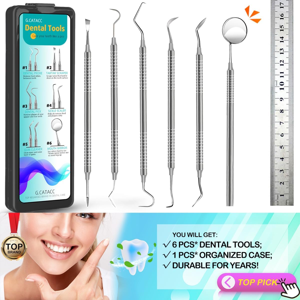 CATACC PRO Herramientas dentales, púa dental, kit de higiene dental, kit de herramientas de limpieza dental de acero inoxidable con raspador de