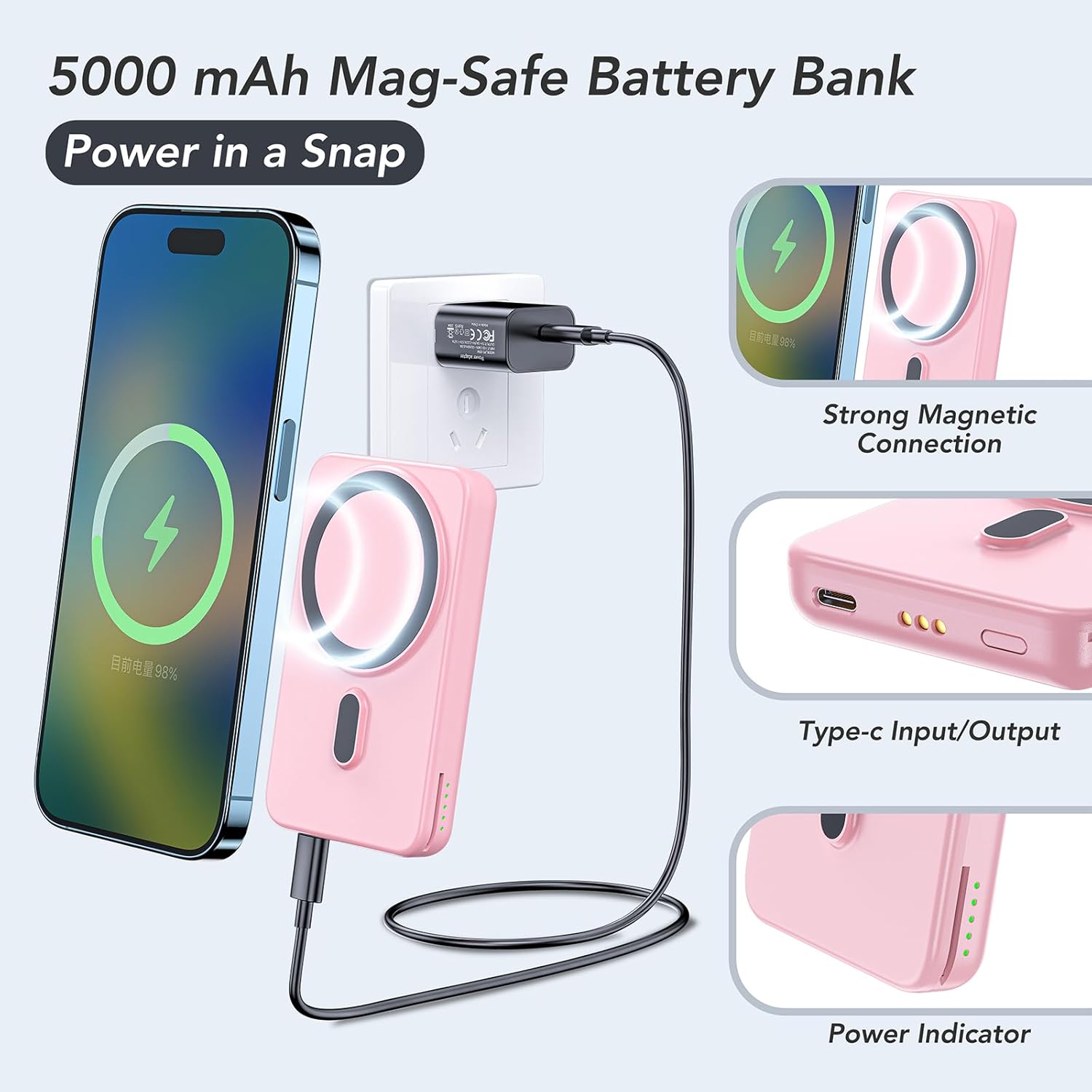 HUOTO Cargador portátil inalámbrico, soporte plegable de cargador rápido para iPhoneApple WatchAirpods, banco de energía magnético de 5000 mAh con