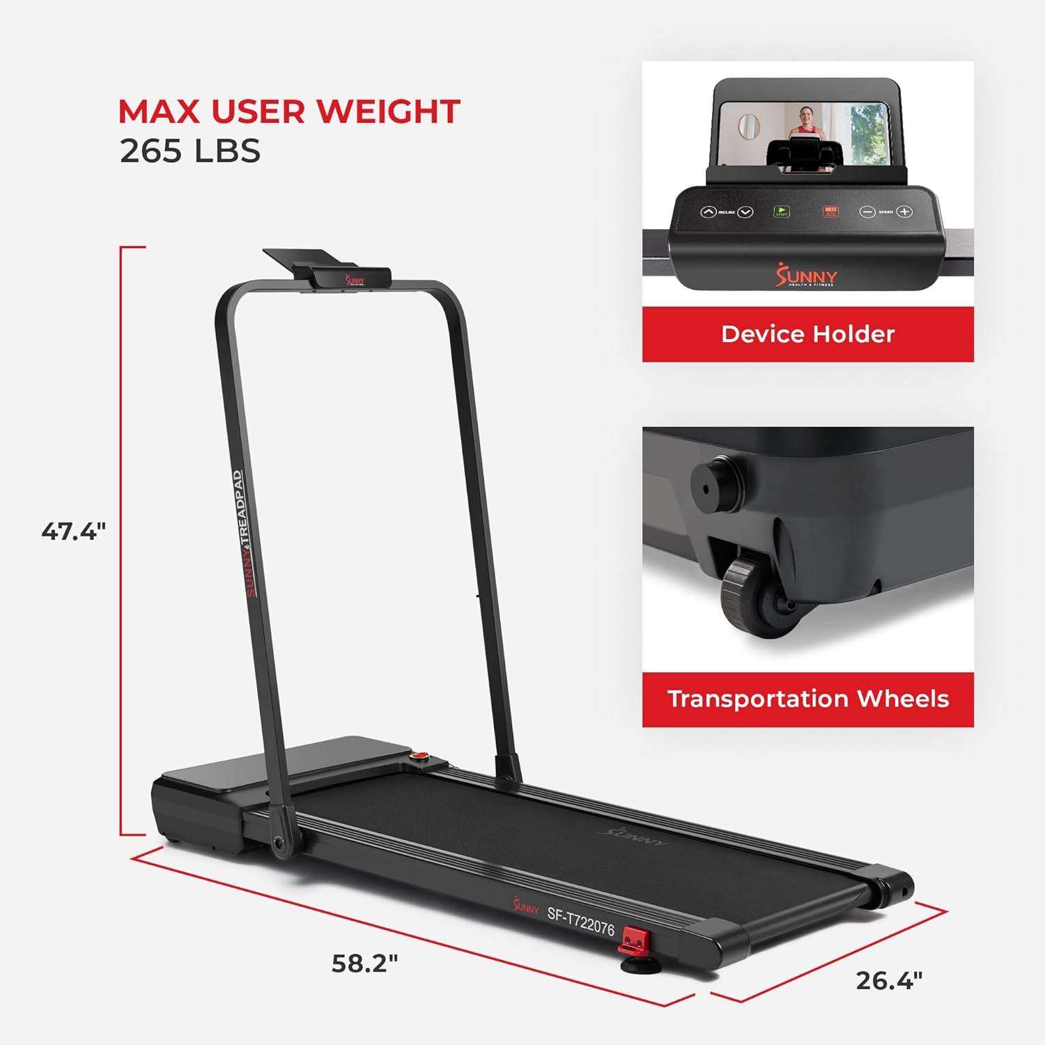 Sunny Health & Fitness Treadpad Pacer – Cinta de correr con doble modo de inclinación automática de 6 niveles y conectividad Bluetooth mejorada con