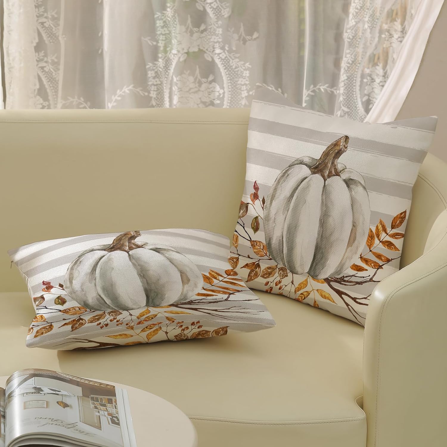 Juego de 2 fundas de almohada de otoño de 16 x 16 pulgadas, diseño de calabaza a rayas grises para sofá, hojas de arce, cosecha de otoño, interiores