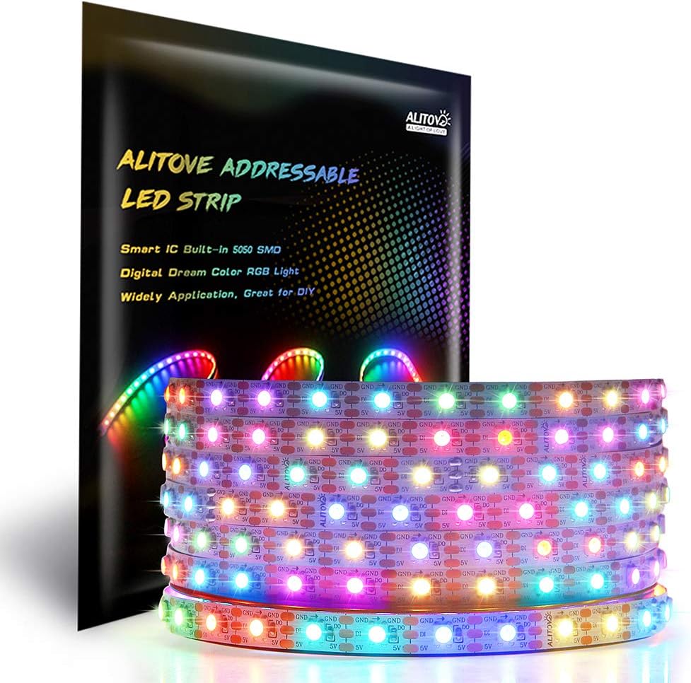 ALITOVE Tira de luz LED direccionable individualmente de 16.4 ft, WS2812B, 16.4 pies, 300 SMD 5050 RGB, color de ensueño, luz LED de píxeles, no