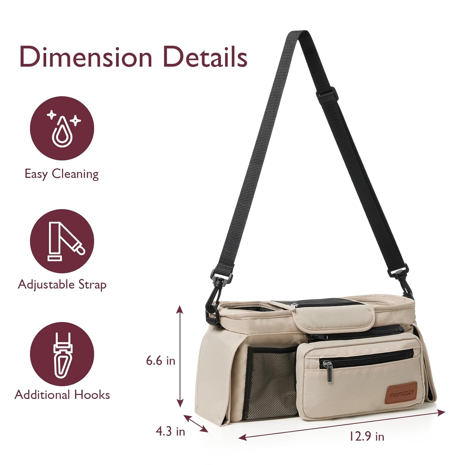 Momcozy Organizador universal para cochecito de bebé, 2 portavasos aislados, bolsillo desmontable con cremallera, correa de hombro ajustable, gran