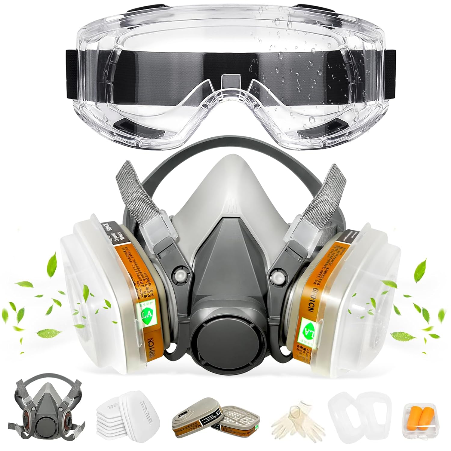 Máscara de gas respirador con filtros, cubierta de media cara de carbono activo con gafas de seguridad, máscara de seguridad para lijado de moldes