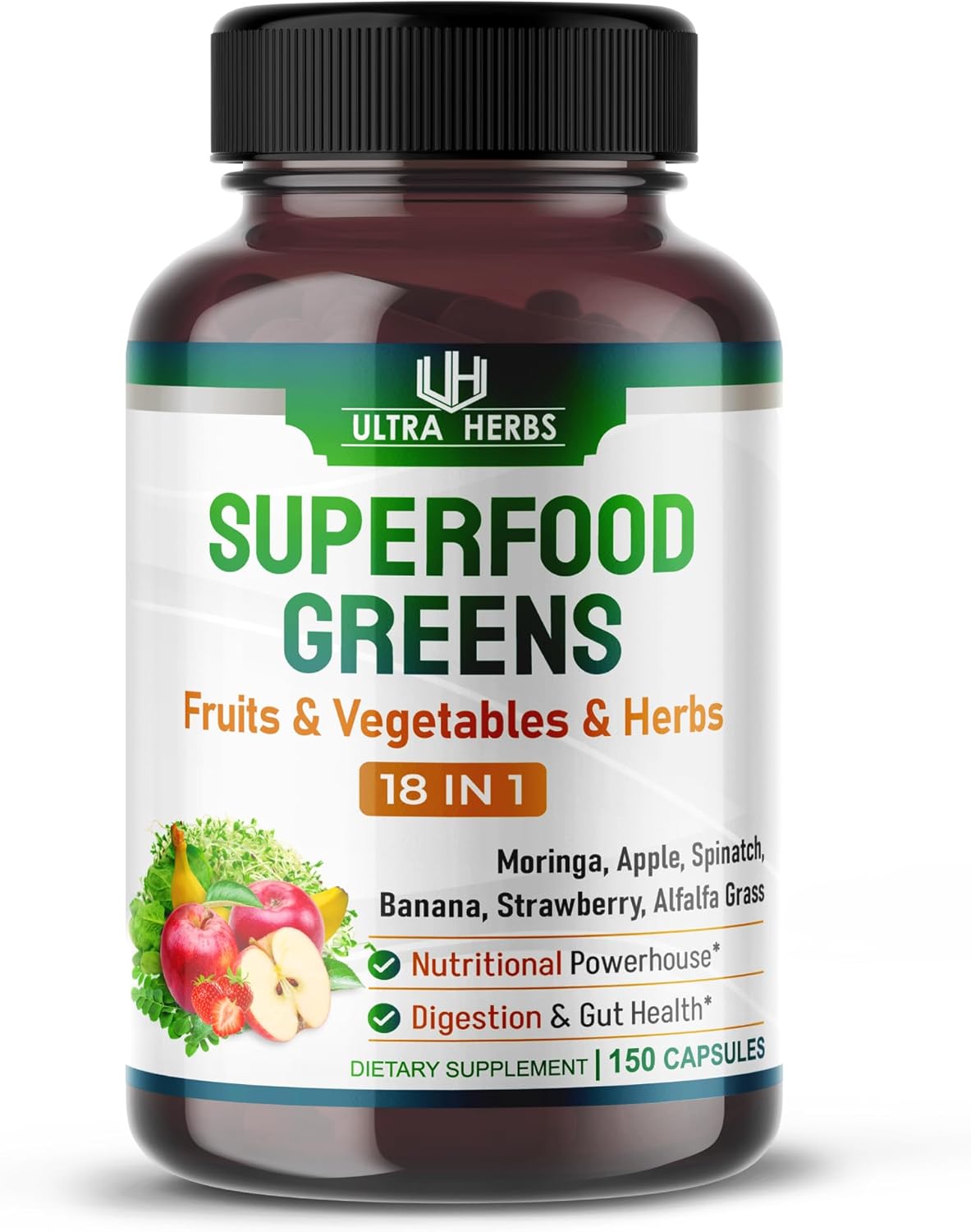Superfood Greens 18 en 1  18,100 mg con frutas y verduras y hierbas  Moringa, alfalfa, manzana, espinatch, plátano, fresa, potencia la energía, la