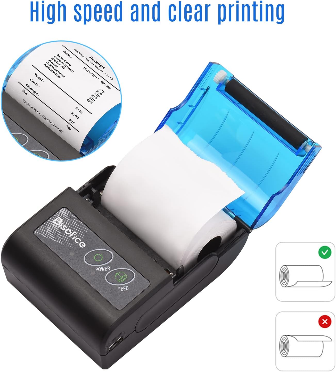 Impresora de recibos, mini impresora térmica portátil de recibos de 2 pulgadas, inalámbrica BT USB, impresora de boletos de recibos con papel de