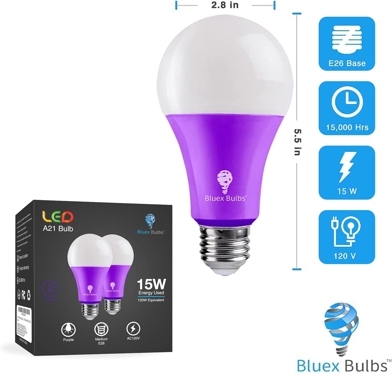 BlueX – Paquete de 4 bombillas LED A21 moradas y naranjas, 15 W (equivalente a 120 vatios), base E26, decoración de fiesta, porche, iluminación del