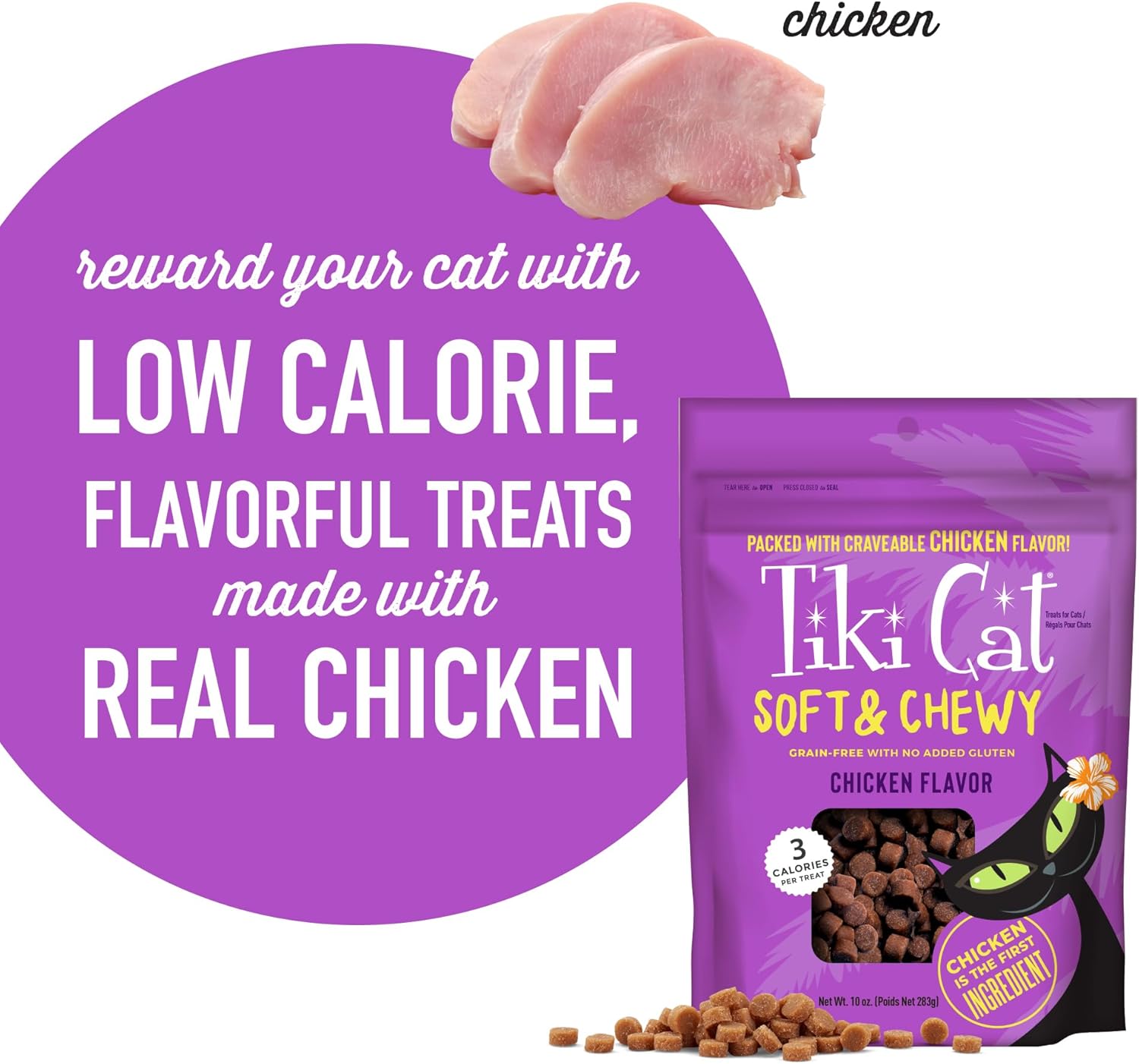 Tiki – Golosinas suaves y masticables para gatos, sabor a pollo, 3 calorías por golosina sin granos y sin gluten añadido, bolsa de 10 onzas (paquete