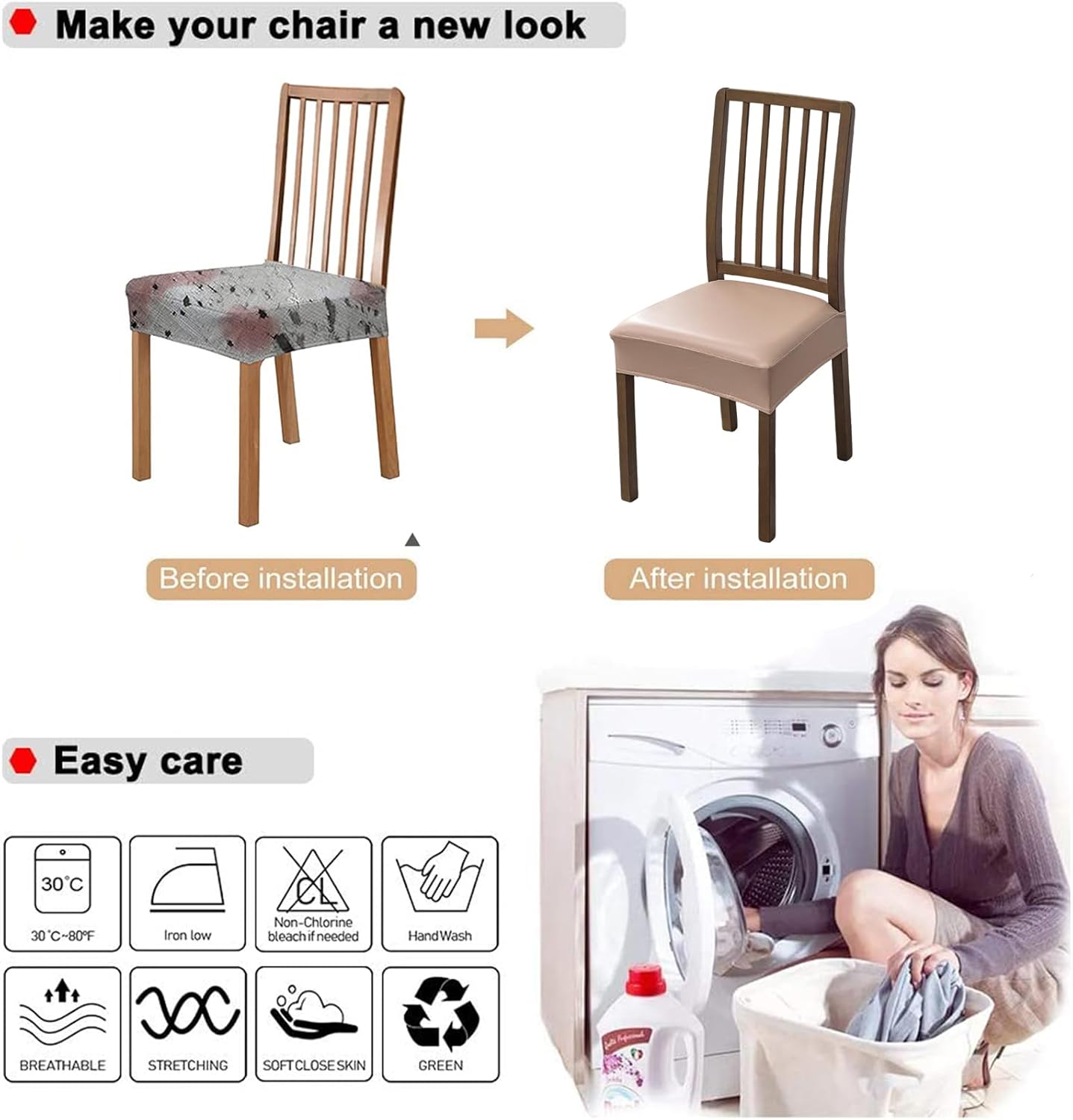 NILUOH Juego de 6 fundas de asiento impermeables para sillas de comedor, de piel sintética, extraíbles y lavables, fundas traseras (PU-caqui)