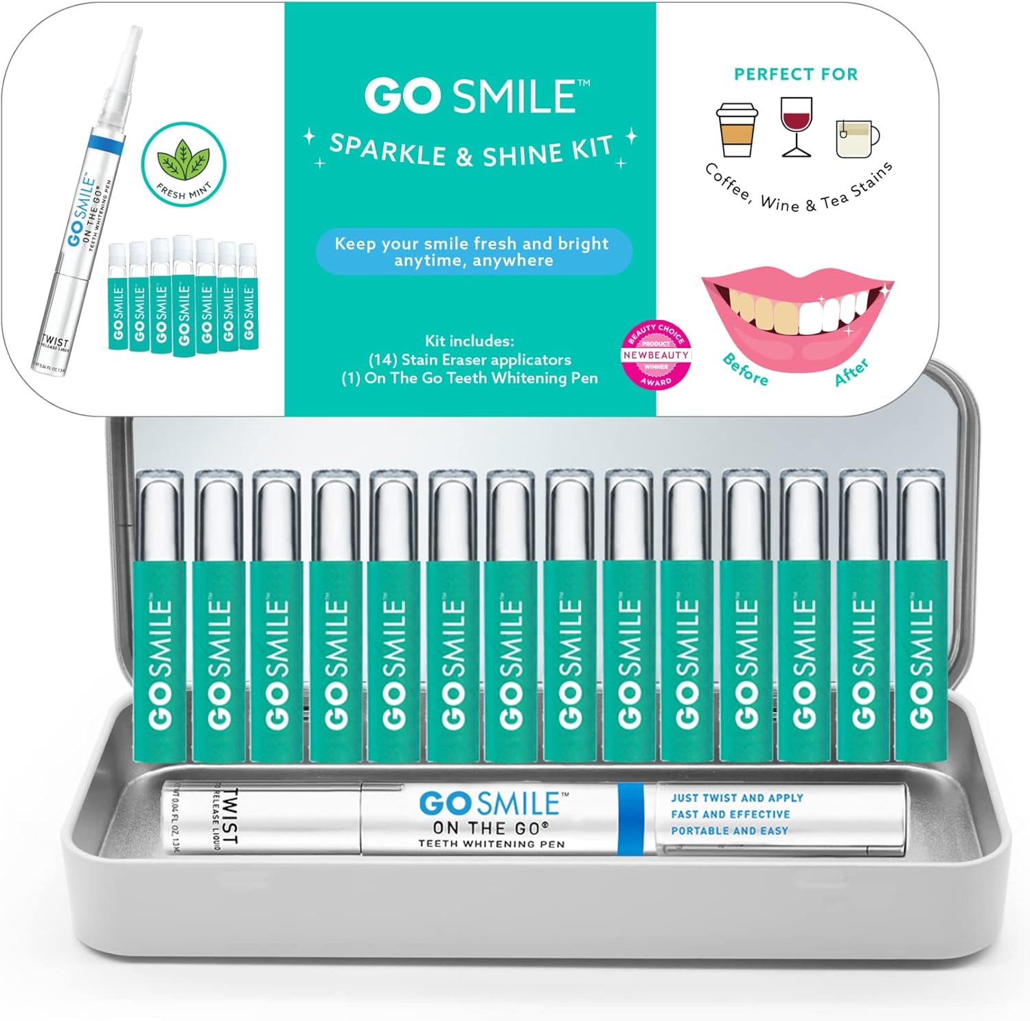 GO SMILE On The Go – Blanqueamiento dental (brillo y brillo), incluye bolígrafo blanqueador de dientes y borradores de manchas de 14 unidades
