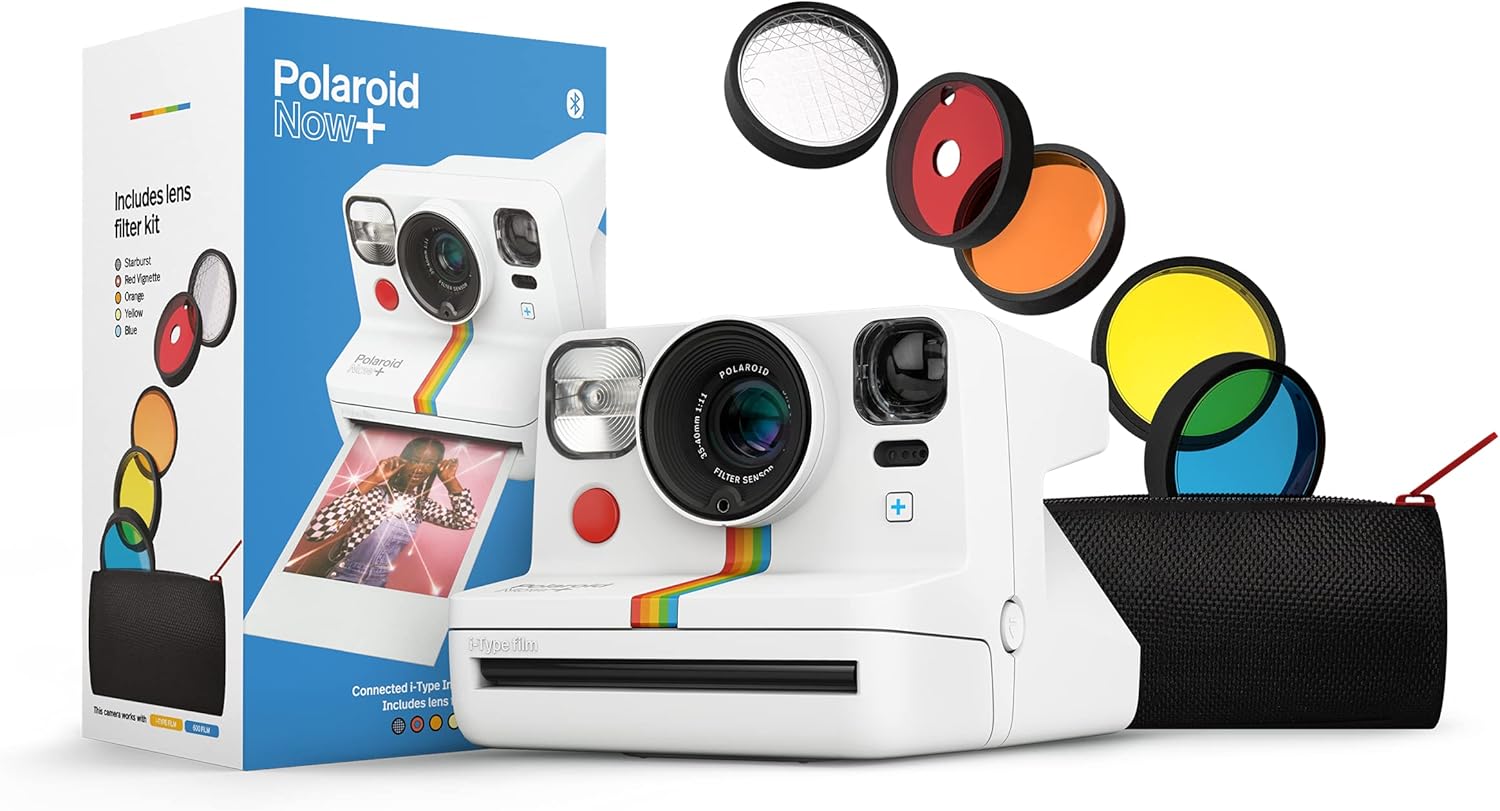 Polaroid Now+ White (9062) – Cámara de película instantánea tipo I conectada con Bluetooth con juego de filtro de lente adicional y bolsa de cámara,