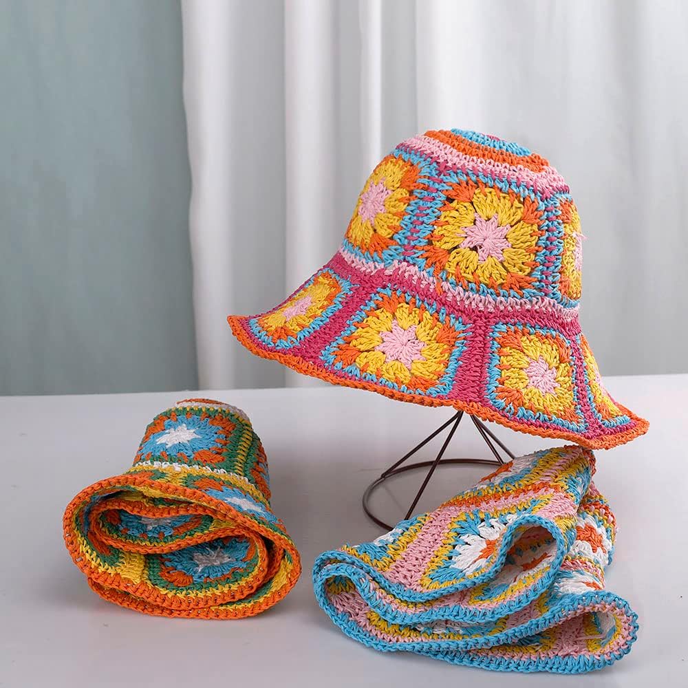 Sombrero de paja para mujer, sombrero de pescador tejido floral, sombrero de pesca, sombrero de playa, gorra plegable tejida a mano