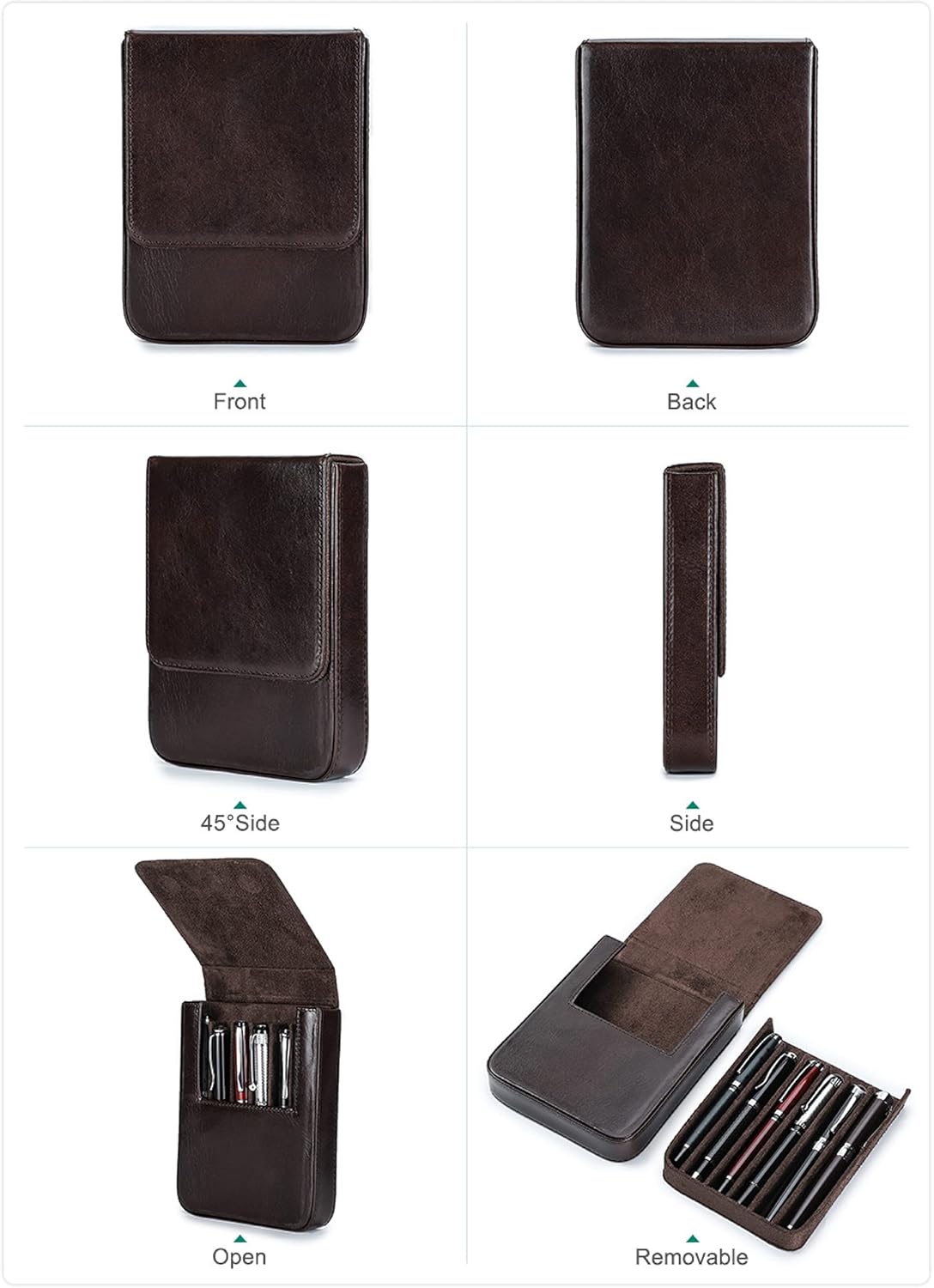 Top Grain – Organizador de 6 bolígrafos y lápices de piel auténtica, diseño de moda sin logotipo, hecho a mano, cierre magnético con diseño de