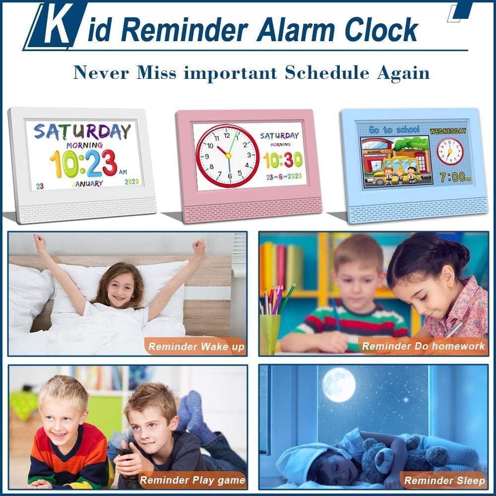 Hiseeyo Reloj despertador para niños, pantalla LED grande de 7 pulgadas, entrenador de sueño para niños, cuidado de los ojos, para niñas y niños,