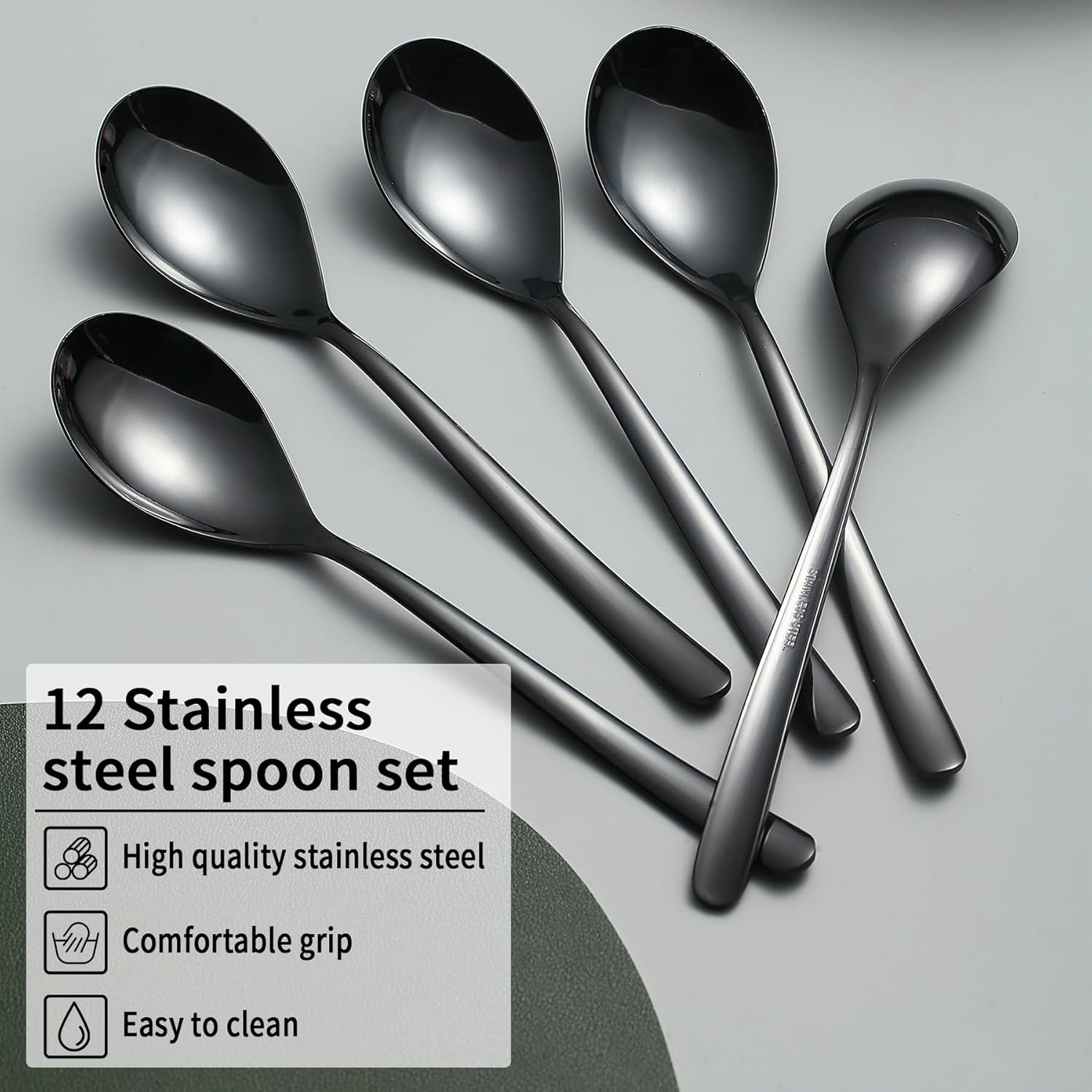 Kyraton Juego de 12 cucharas negras de acero inoxidable chapado en titanio negro de 8 pulgadas, cucharas de sopa, cucharas de cubiertos, apto para
