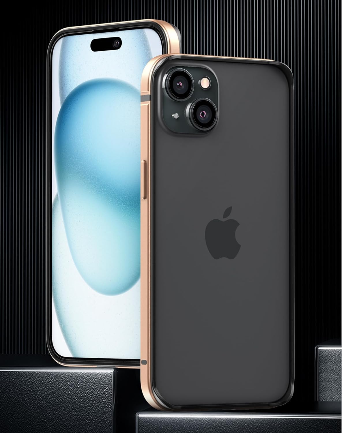 Funda delgada de metal para iPhone 15, interior de TPU suave + parachoques chapado en metal compatible con carga inalámbrica a prueba de golpes con