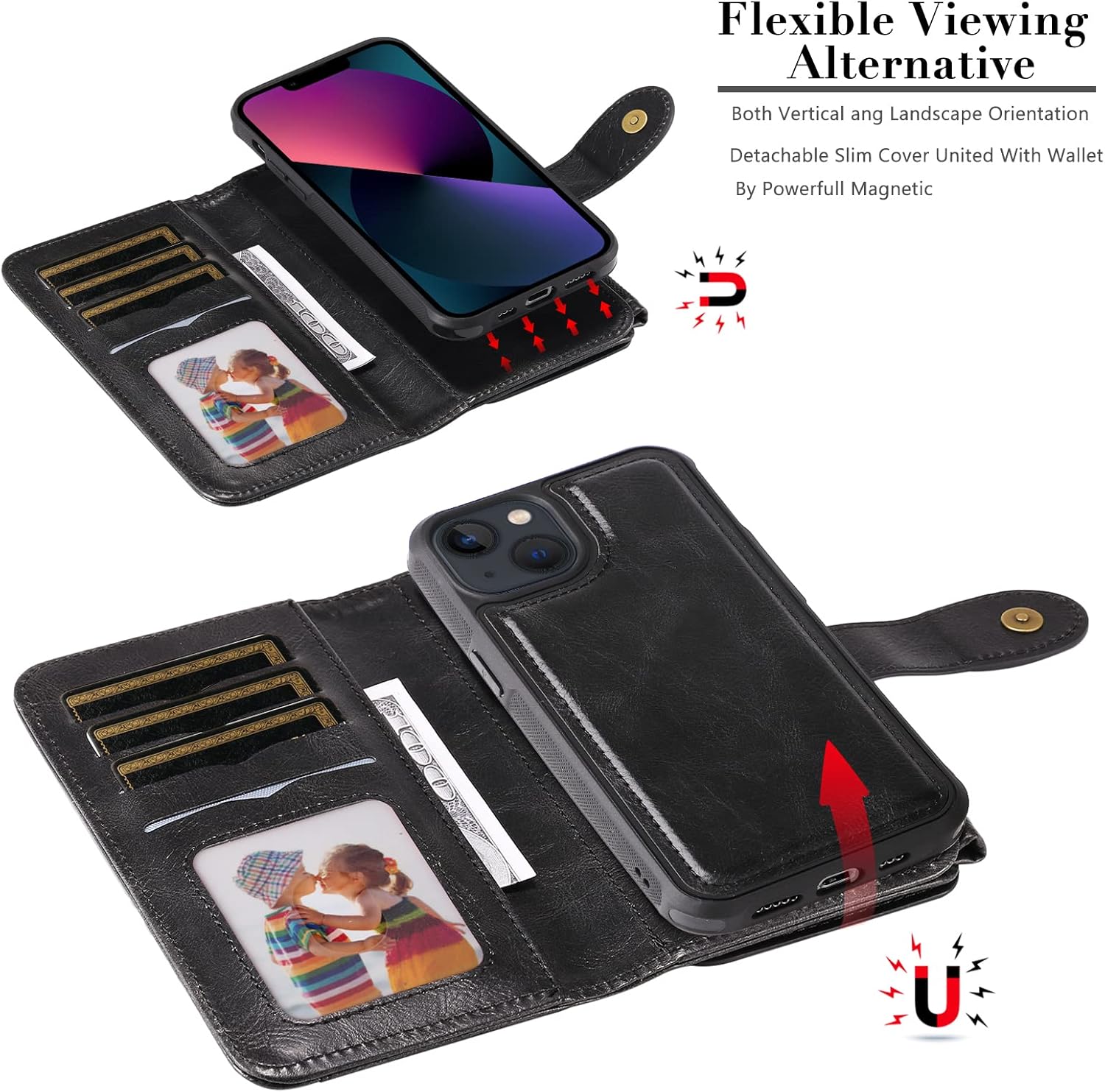 Asuwish Funda de teléfono para iPhone 13 Mini de 5.4 pulgadas con cremallera, funda desmontable con protector de pantalla de vidrio templado y