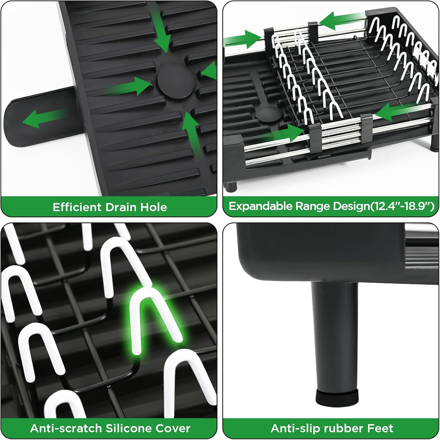 Ollieroo Escurridor de platos, resistente al óxido para encimera de cocina con soporte extraíble para utensilios, ranuras para cuchillos y soporte