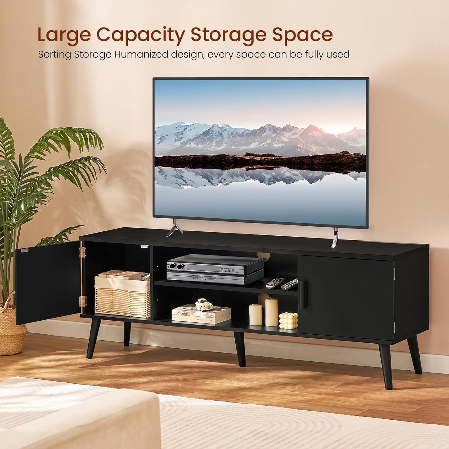Iwell Soporte de TV para TV de 55, 65, 70 pulgadas, consola de TV con almacenamiento y estantes ajustables, centro de entretenimiento, soporte de TV