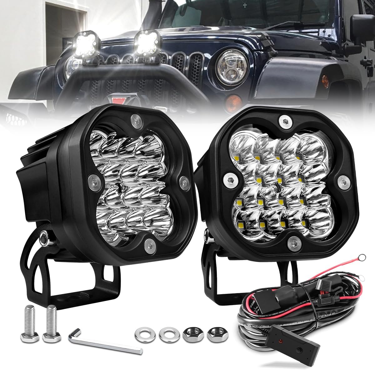 Kit de luces antiniebla LED de 3 pulgadas con interruptor, kit de luces antiniebla para todo terreno, 2 unidades, 50 W, impermeable, para Jeep,