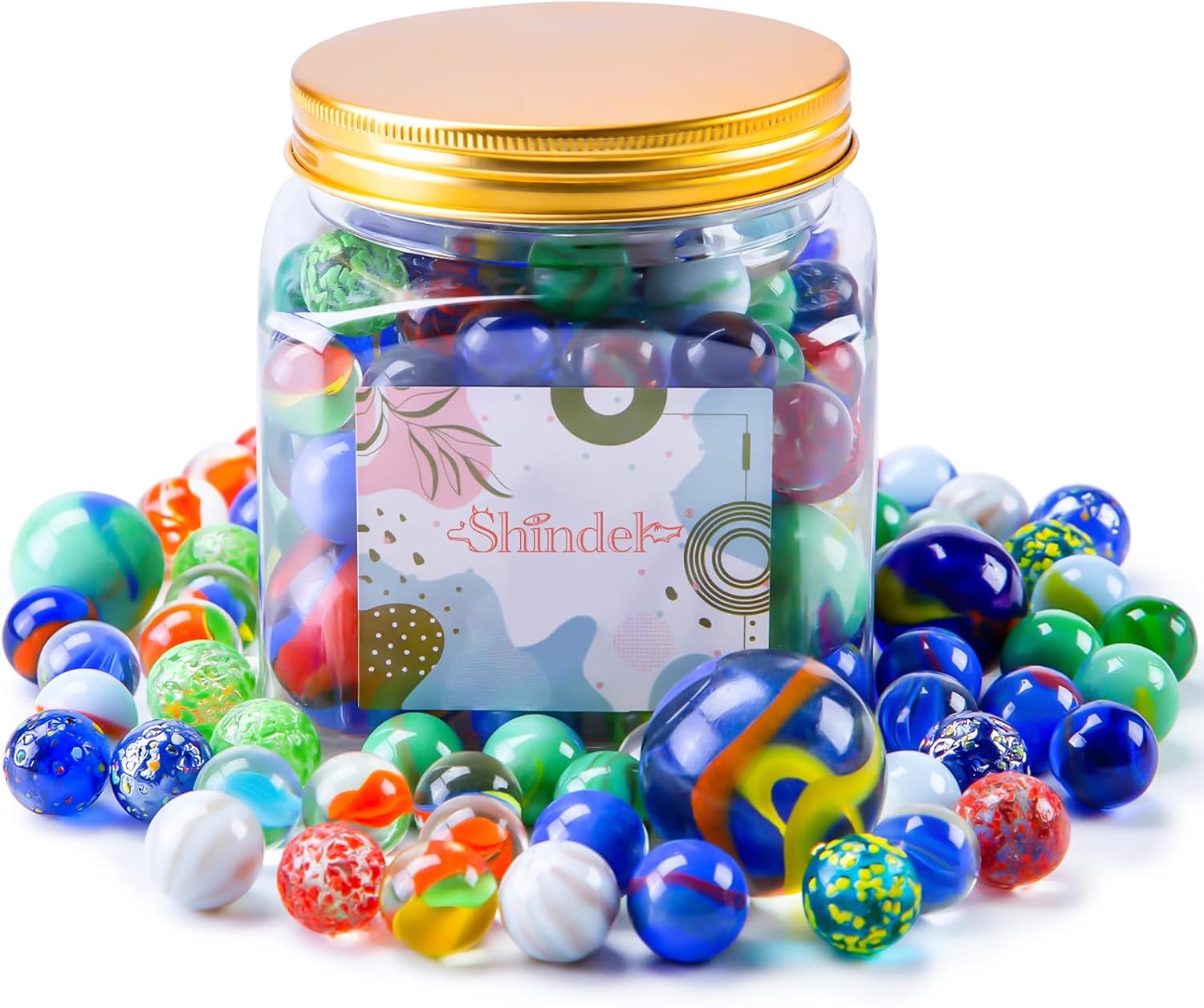 Shindel 125 piezas de canicas de vidrio a granel, cuentas de vidrio redondas con tarro de mármol estilo surtido canicas para niños, juego de canicas