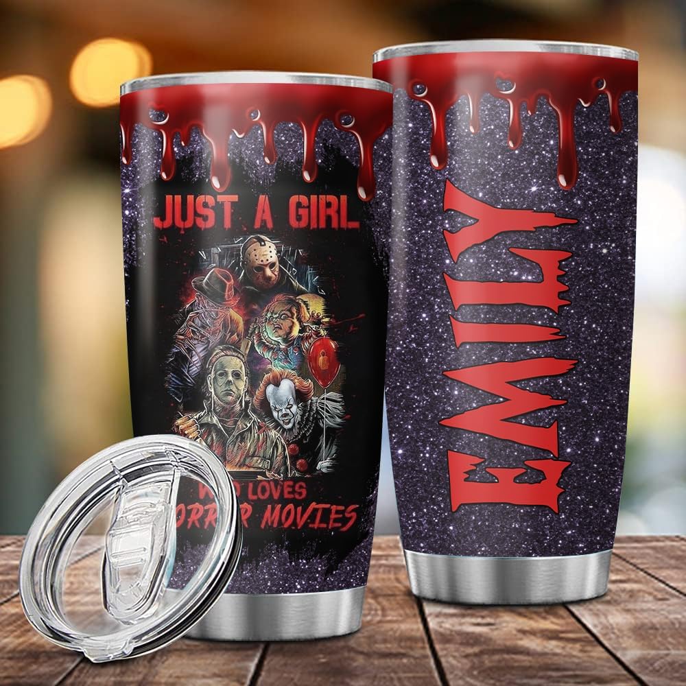 Vaso personalizado de personajes de terror de Halloween, con texto en inglés “Just A Girl Who Loves Horror Movies”, vaso de regalo para adultos,