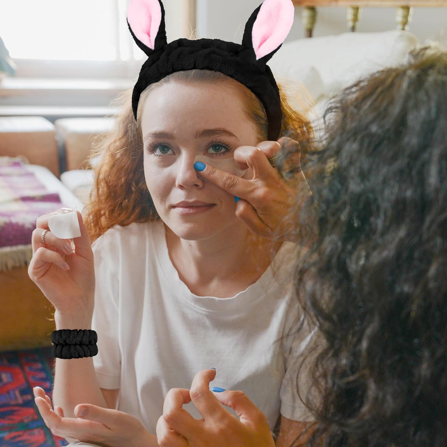 WHAVEL Juego de 3 diademas de spa y muñequeras, lindas diademas de orejas de conejo para lavar la cara, maquillaje, diadema facial, muñequeras para