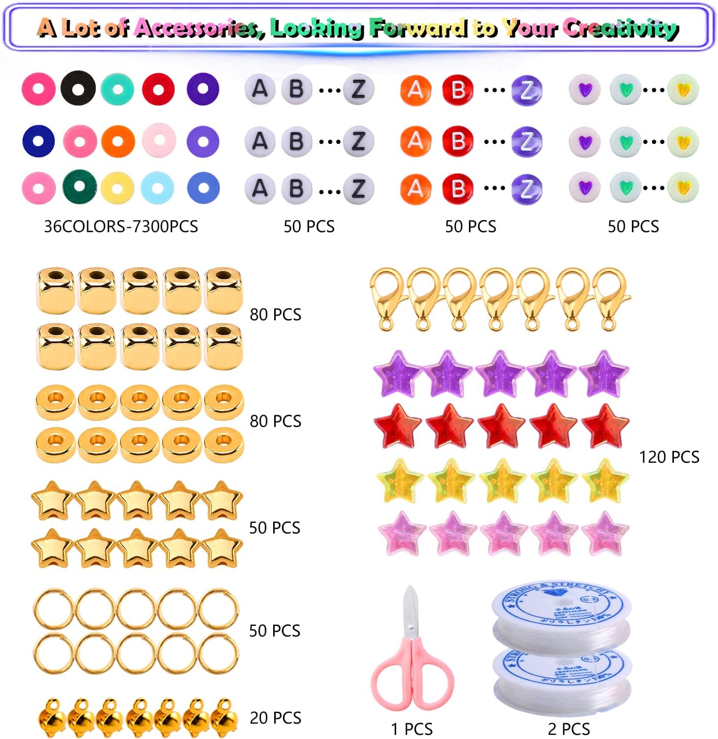 7300 cuentas de arcilla para hacer pulseras, kit de joyería, collares, regalos, 2 cajas planas, redondas, espaciadoras de polímero heishi con