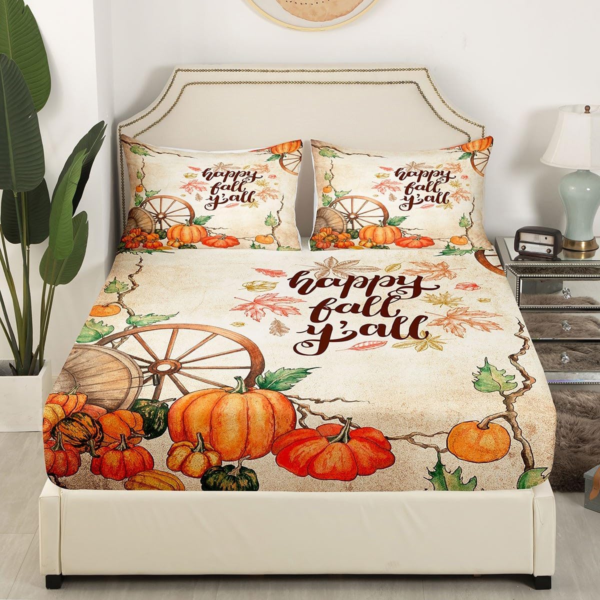 Fall Cabin – Sábana bajera ajustable para niños, tamaño individual, juego de ropa de cama retro con hojas de arce otoñal, decoración de dormitorio