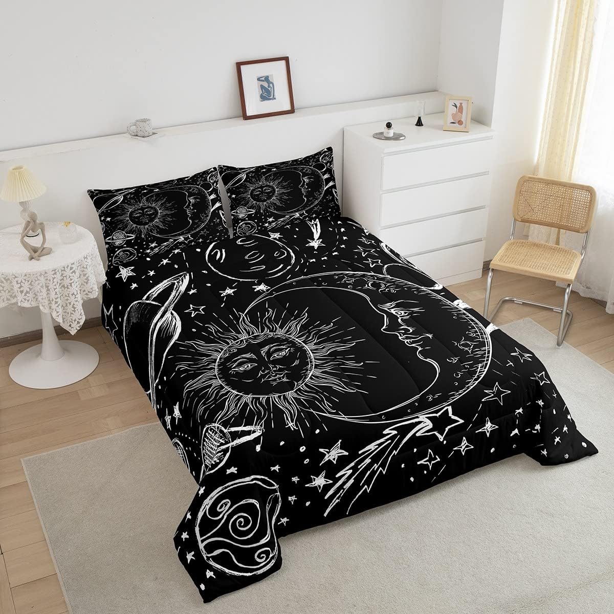 Feelyou Juego de ropa de cama de sol y luna, juego de edredón de estilo bohemio para niños y niñas, edredón de galaxia cósmica celestial, juego de