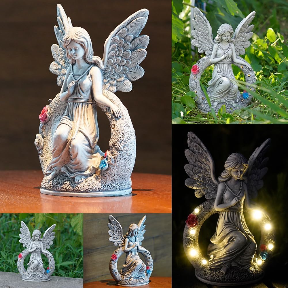 Estatuas solares de jardín de ángeles, 8 luces LED, figuras de ángel, decoración de arte al aire libre para jardines, mamá, patios, balcones,