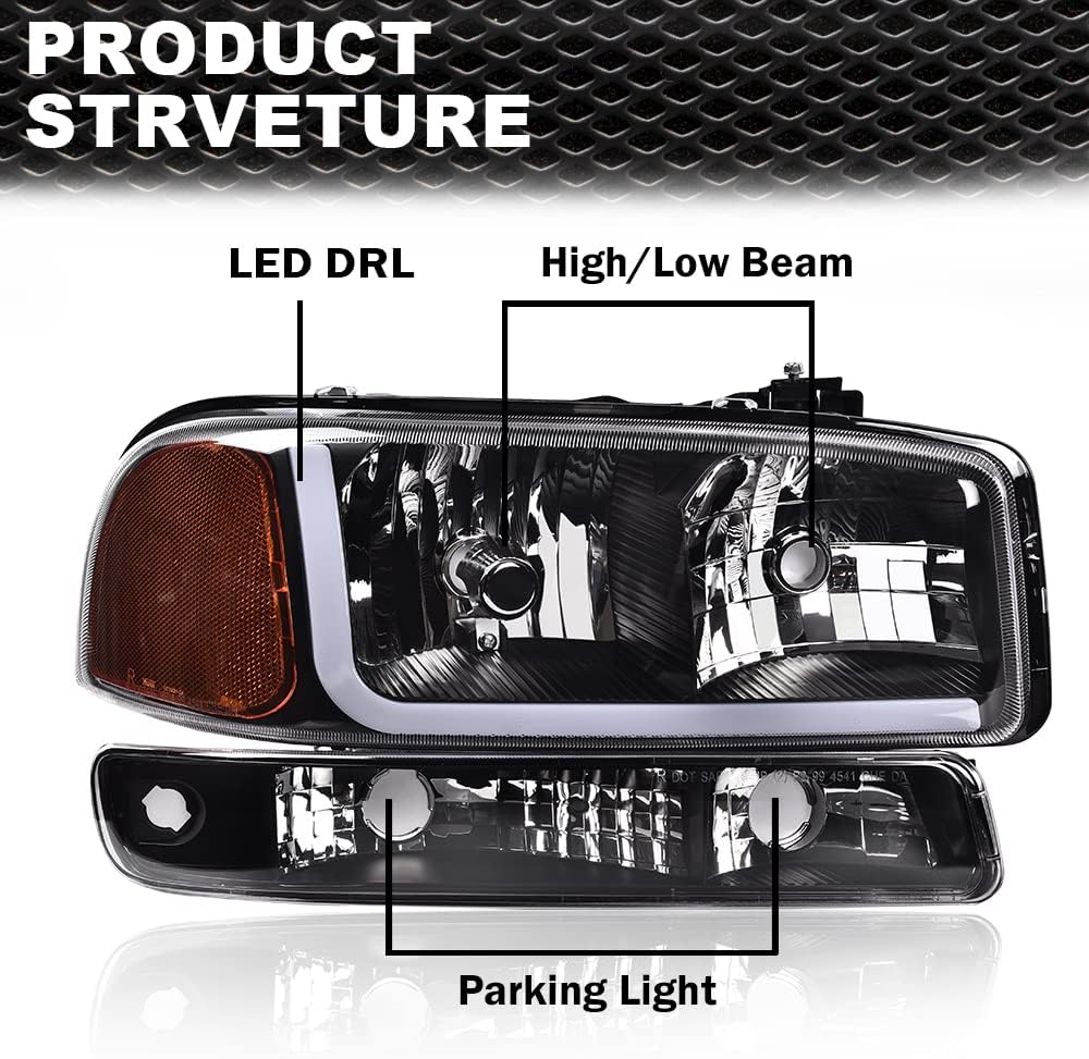 Conjunto de faros delanteros LED compatible con GMC 1999-2007 Sierra 1500Yukon, 2001-2007 Sierra 1500 HD2500 HD3500 con lámparas de señal de