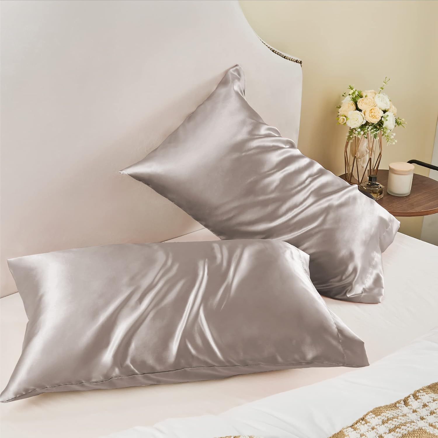 BEDELITE – Juego de 2 fundas de almohada de satén de tamaño Queen ideales para el cabello y la piel, supersuaves y sedosas, color gris pardo rosé,