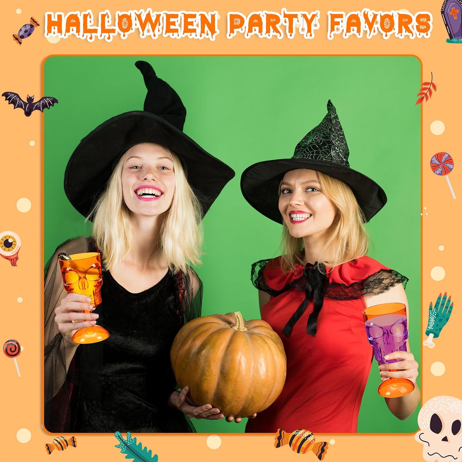Bokon Juego de 12 copas de Halloween, copas de calavera, decoración de mesa gótica para fiesta, copa de vino de plástico, suministros para fiesta de