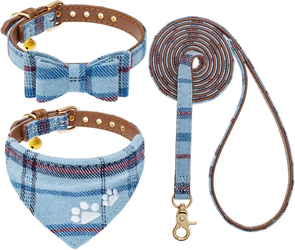 EXPAWLORER Juego de correa y collar para perro, paquete de 3 unidades bordadas con estampado de patas, collar de perro a cuadros y correa sin