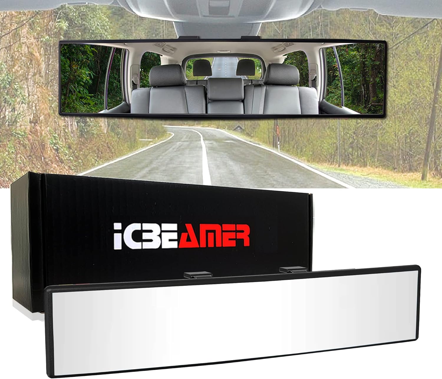 ICBEAMER – Espejo retrovisor interior convexo y transparente para automóvil de 11.8 pulgadas, fácil de enganchar, con un amplio ángulo panorámico,