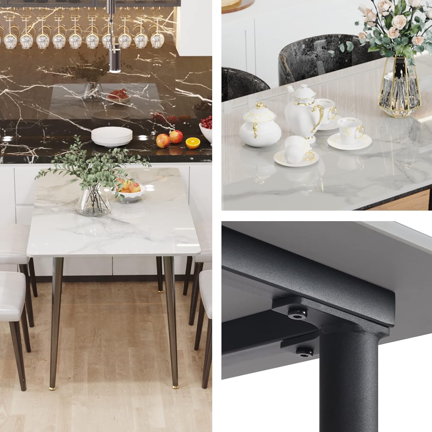Wisfor Mesa de comedor de piedra sinterizada mesa de cocina blanca de 47.2 x 27.5 pulgadas con patas de metal para comedor – Mesa de restaurante de