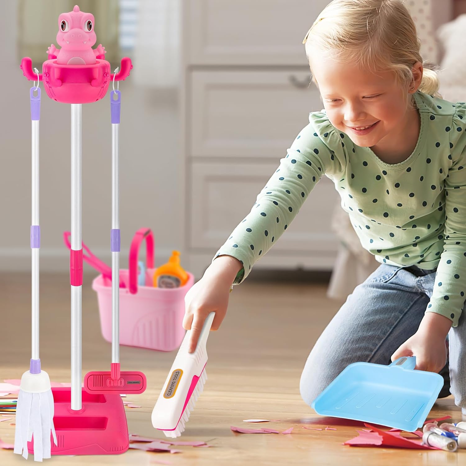 deAO Juego de limpieza para niños, 12 piezas, juego de limpieza para niños, juego de limpieza para niños, juego de escoba y trapeador para niños a
