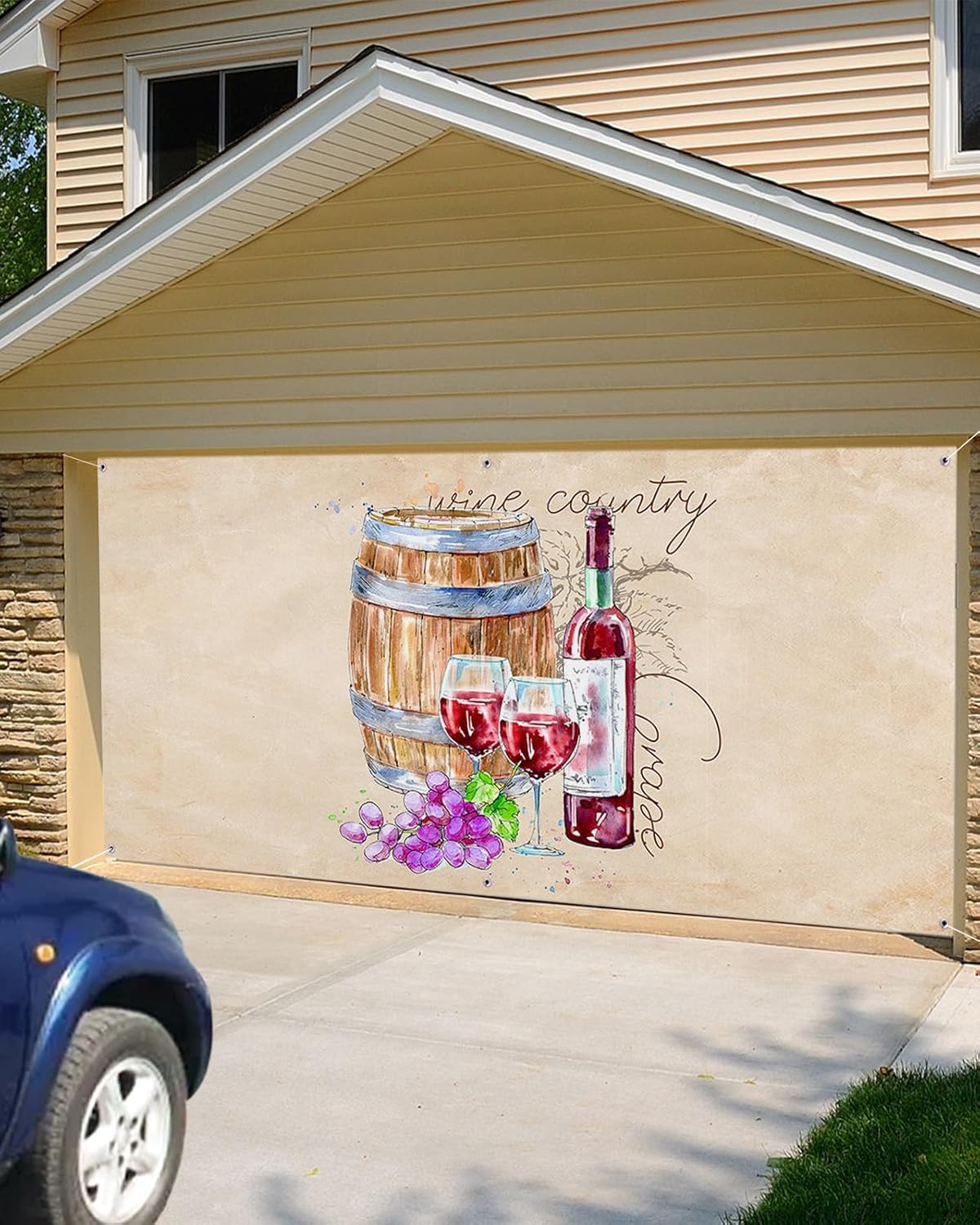 Summer Autumn Red Wine Garage Door Decorations, Farmhouse Wooden Barrel Garage Door Banner Cover with Grommets, Garage Door Mural Backdrop