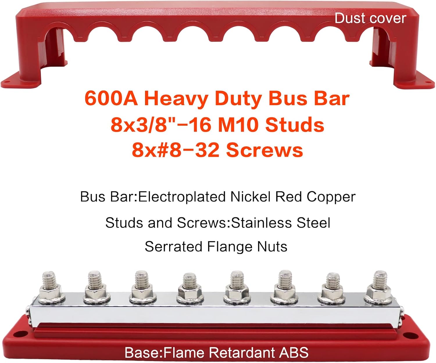 Barra de bus resistente de alta corriente 600 A, 300 V CA48 V CC, 8 vías 38 pulgadas (M10), bloque de distribución de tierra de terminal de cableado