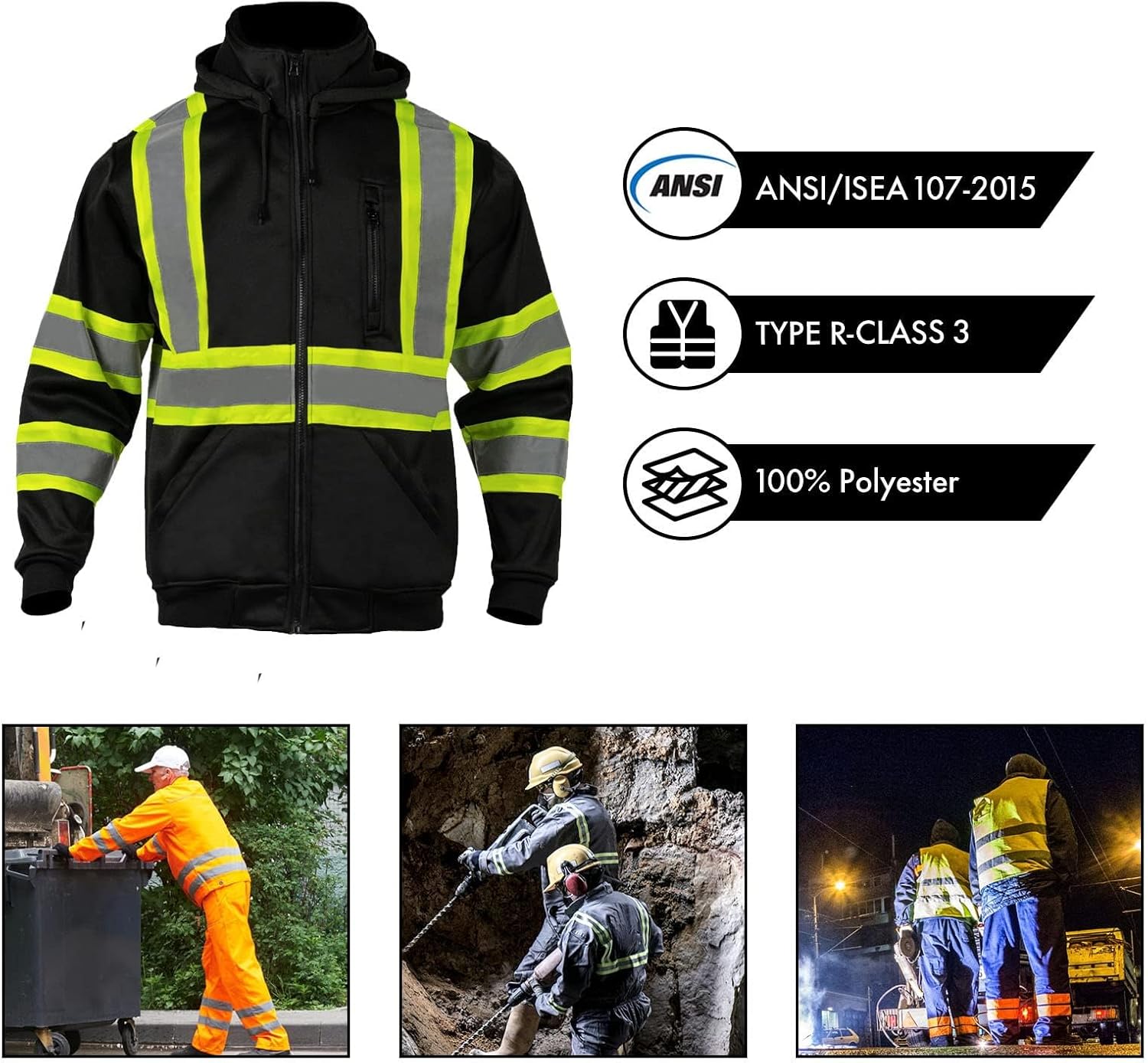 FONIRRA Sudadera de seguridad para hombre, alta visibilidad, reflectante, ANSI clase 3, forro polar, cremallera completa, sudadera con capucha
